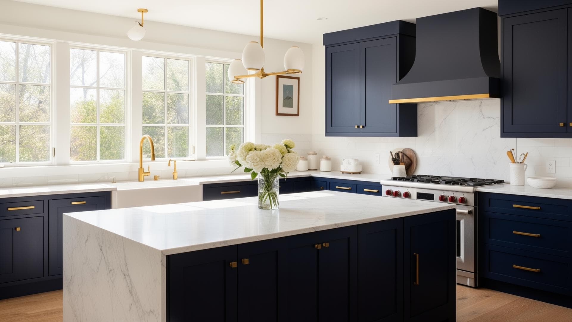 Modern Houston kitchen remodel with navy cabinetry, marble island, and brass fixtures
